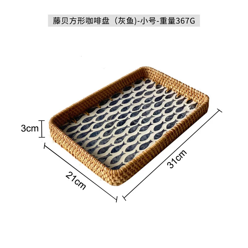 Natural Handwoven Rattan Shell Tray for Home Kitchen Decorative Storage Serving