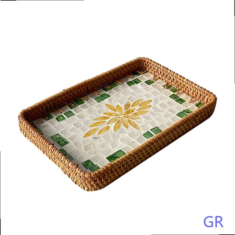 Natural Handwoven Rattan Shell Tray for Home Kitchen Decorative Storage Serving