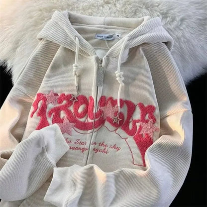 Women's Embroidered Zip-Up Hoodie Loose Fit Casual Jacket
