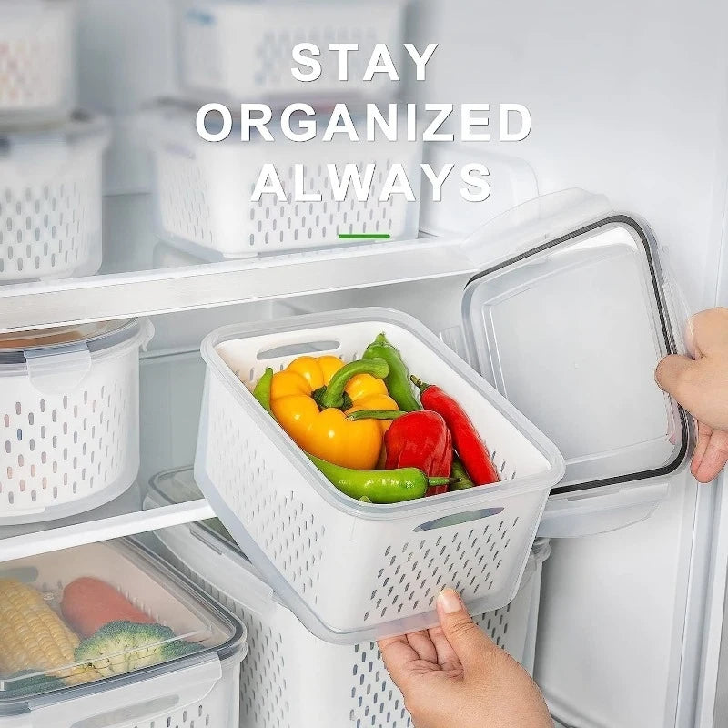 6-Piece Refrigerator Food Storage Container Set with Drain Basket – Sealed Fruit & Vegetable Boxes