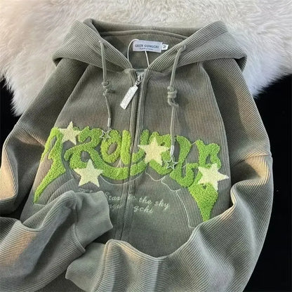 Women's Embroidered Zip-Up Hoodie Loose Fit Casual Jacket