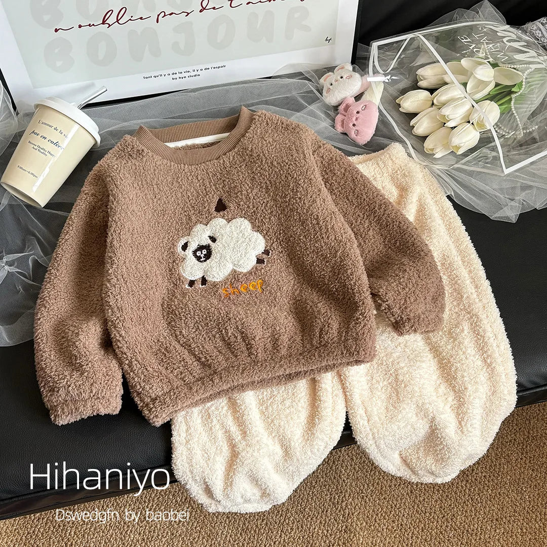 Children's Sets Girls Winter Pajama Set Cute Cartoon Print Thick Warm Toddler Fleece-Lined Sleepwear Kids Home Clothes