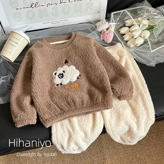 Children's Sets Girls Winter Pajama Set Cute Cartoon Print Thick Warm Toddler Fleece-Lined Sleepwear Kids Home Clothes