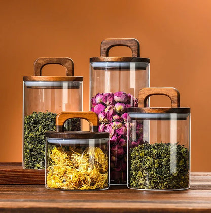 Clear Glass Food Storage Jar with Bamboo Lid – Airtight Canister for Tea, Coffee, Sugar & Spices