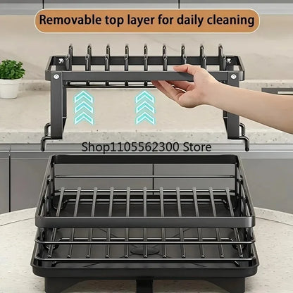 2-Tier Extendable Stainless Steel Dish Drying Rack with Drainboard – Large Capacity Kitchen Organizer