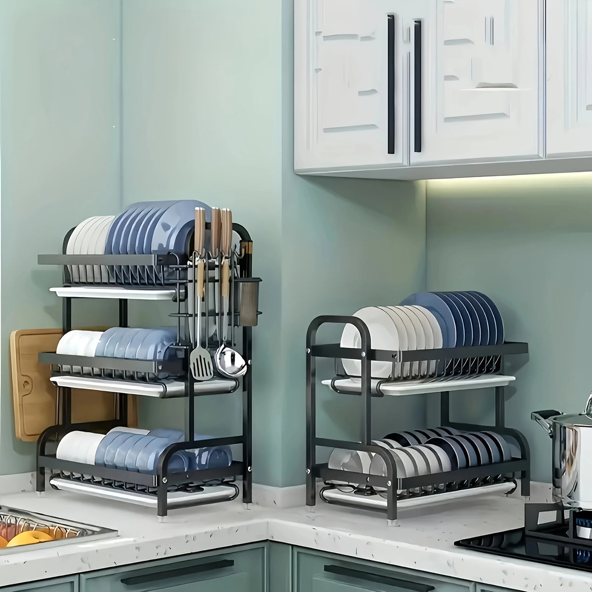 2-3 Tier Steel Dish Drying Rack with Drainage System – Kitchen Storage Organizer for Plates & Utensils