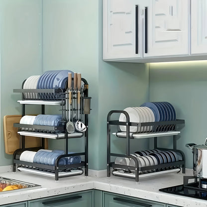 2-3 Tier Steel Dish Drying Rack with Drainage System – Kitchen Storage Organizer for Plates & Utensils
