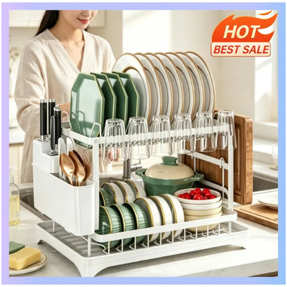 2-Tier Stainless Steel Dish Drying Rack with Drainboard – Rustproof Kitchen Counter Organizer