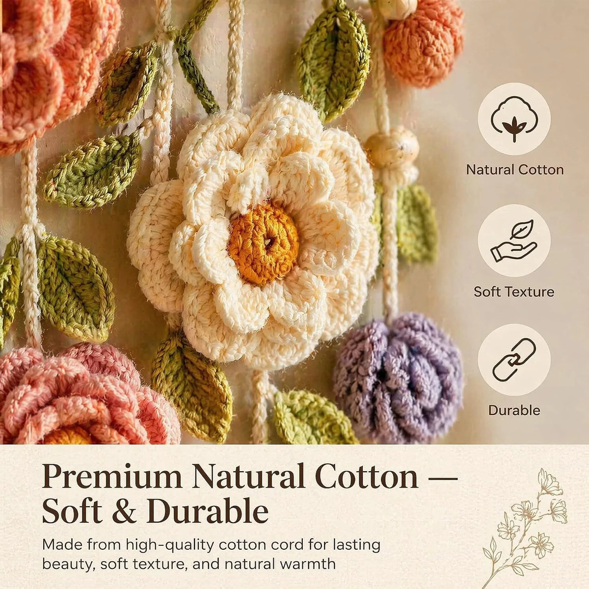 Boho Handmade Cotton Floral Crochet Macrame Hanging Decoration for Wall Indoors Or Porch Natural Linen Look Mellow Ambiance