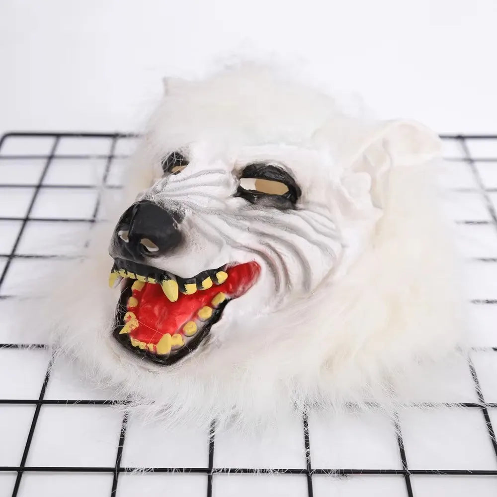 White Wolf PVC Mask with Fluffy Fur Scary Werewolf Head Mask Halloween Cosplay Costume Party Props Horror Animal Mask for Adul