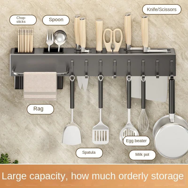 Wall-Mounted Kitchen Storage Rack – Steel Organizer for Knives, Chopsticks & Utensils