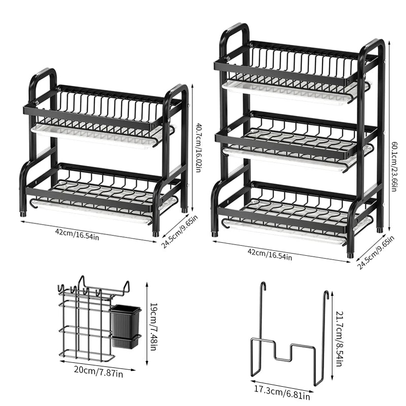 2-3 Tier Steel Dish Drying Rack with Drainage System – Kitchen Storage Organizer for Plates & Utensils