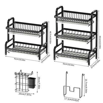 2-3 Tier Steel Dish Drying Rack with Drainage System – Kitchen Storage Organizer for Plates & Utensils