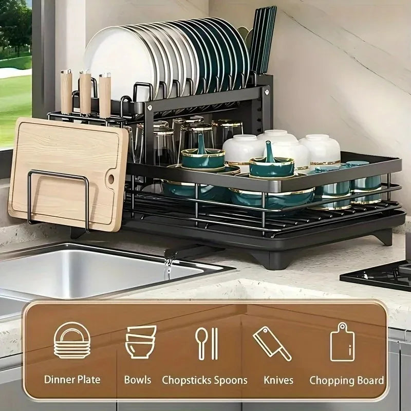 2-Tier Extendable Stainless Steel Dish Drying Rack with Drainboard – Large Capacity Kitchen Organizer