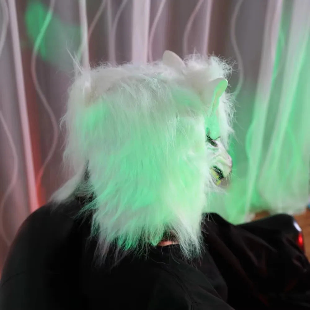 White Wolf PVC Mask with Fluffy Fur Scary Werewolf Head Mask Halloween Cosplay Costume Party Props Horror Animal Mask for Adul