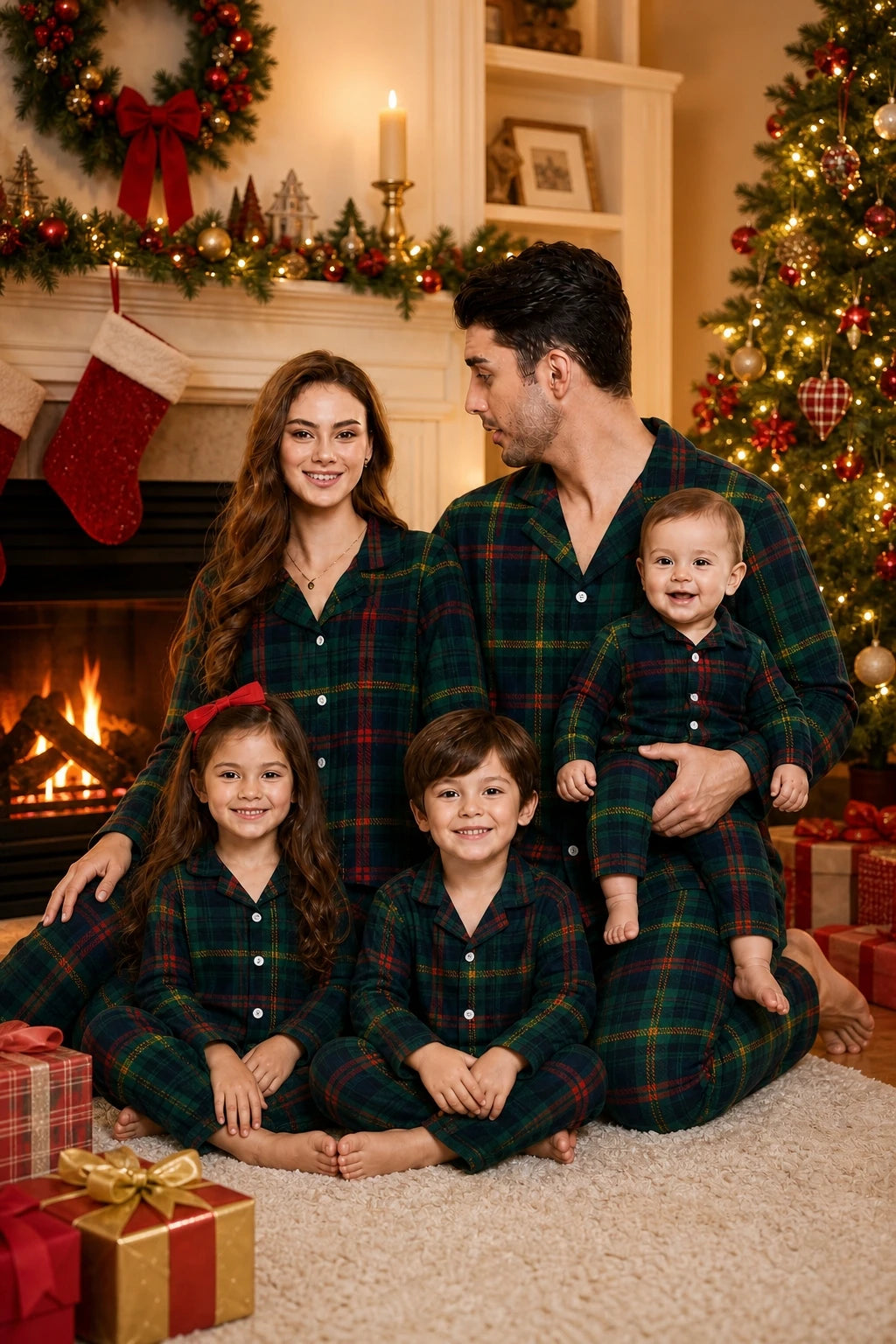 Xmas Party Look Wear Family Matching Pajamas Set Green Plaid Button Shirt+Long Pants Parent-child Sleepwear Christmas Pyjamas