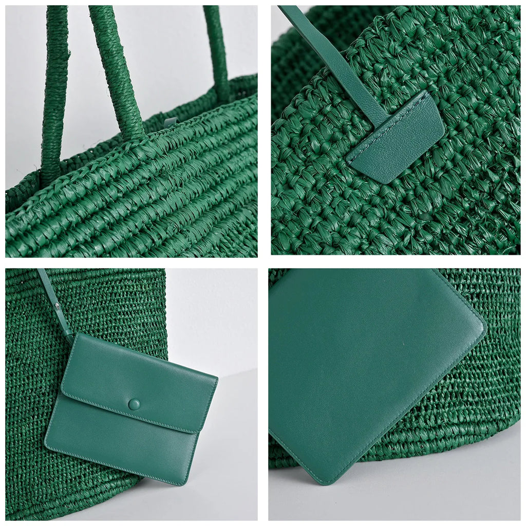 Luxury Raffia Straw Tote Bag for Women Stylish Designer Handmade Natural Material Large Capacity Handbags with Small Leather Bag