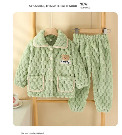 New Kids Boys Girls Autumn Winter Flannel Thicken Pajamas Baby Cartoon Long Sleeve Lapel Tops with Pants Sleeping Clothing Sets