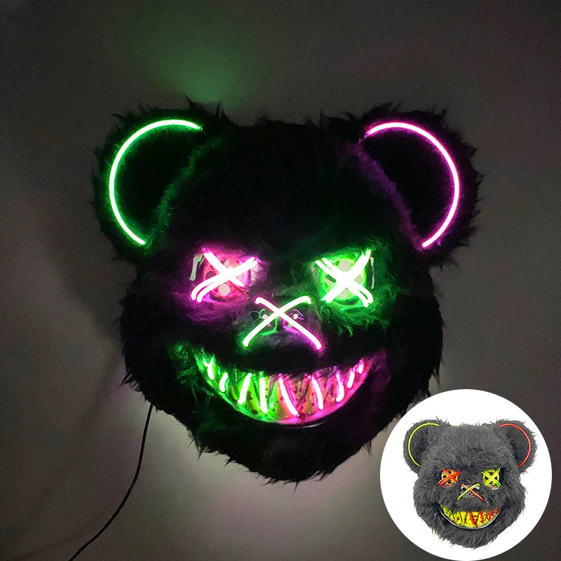Halloween Horror Light Up Mask Glowing Bloody Bear Killer Mask Flashing Neon Scary Bear Mask for Cosplay Mask Purim Props