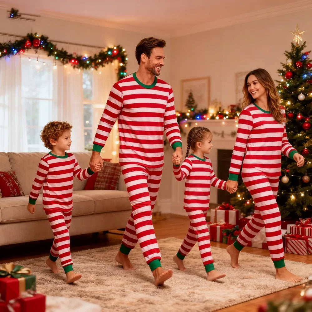 Family Christmas Pajamas Set Mother and Kids Matching Outfits Xmas Family Look Clothes Kids Pyjamas Father Son Striped Nightwear