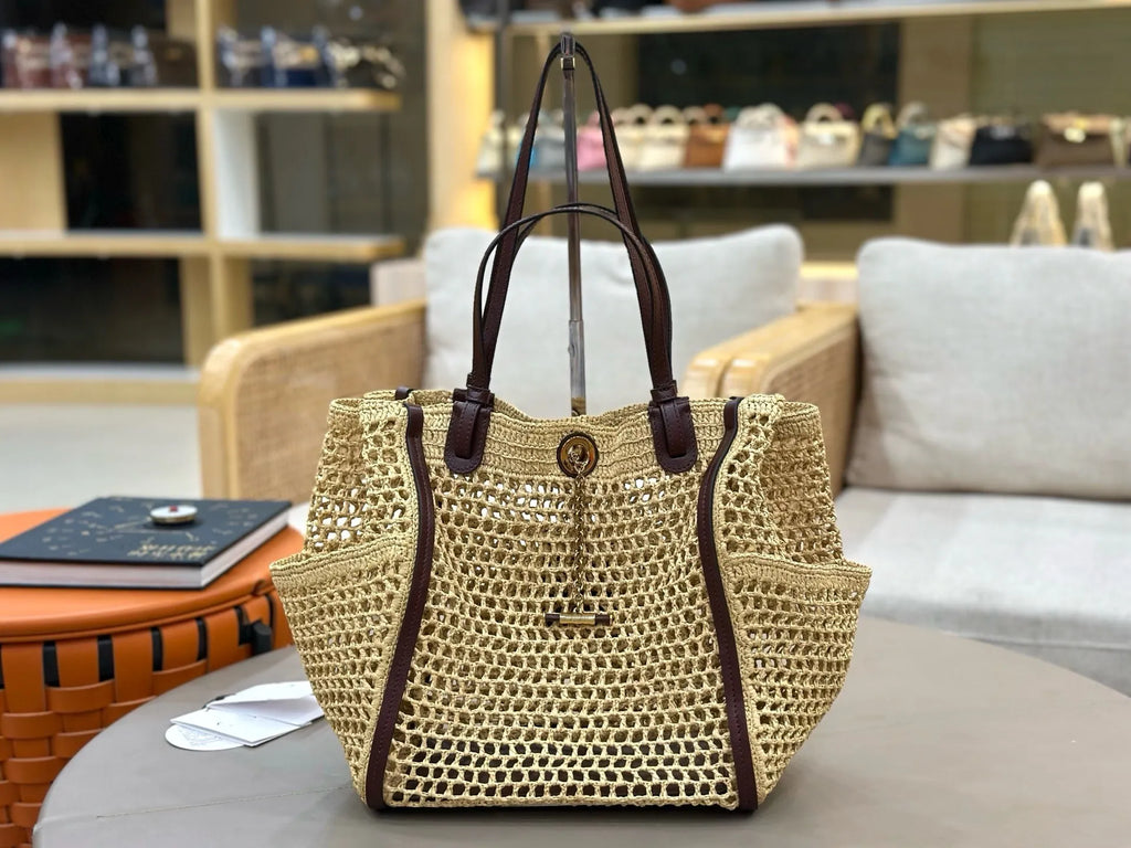 Summer 2026 Large Tote Straw Woven Handbag with Leather Accessories Single Shoulder Hollow Weaving Vacation Style Bag