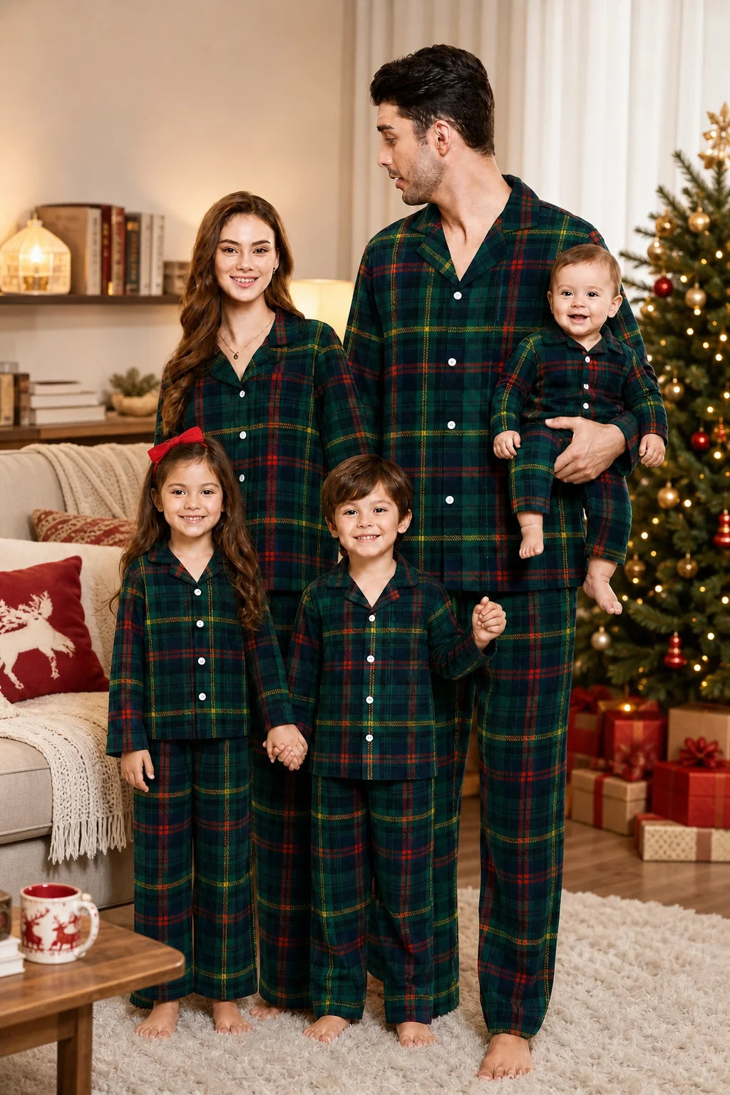 Xmas Party Look Wear Family Matching Pajamas Set Green Plaid Button Shirt+Long Pants Parent-child Sleepwear Christmas Pyjamas