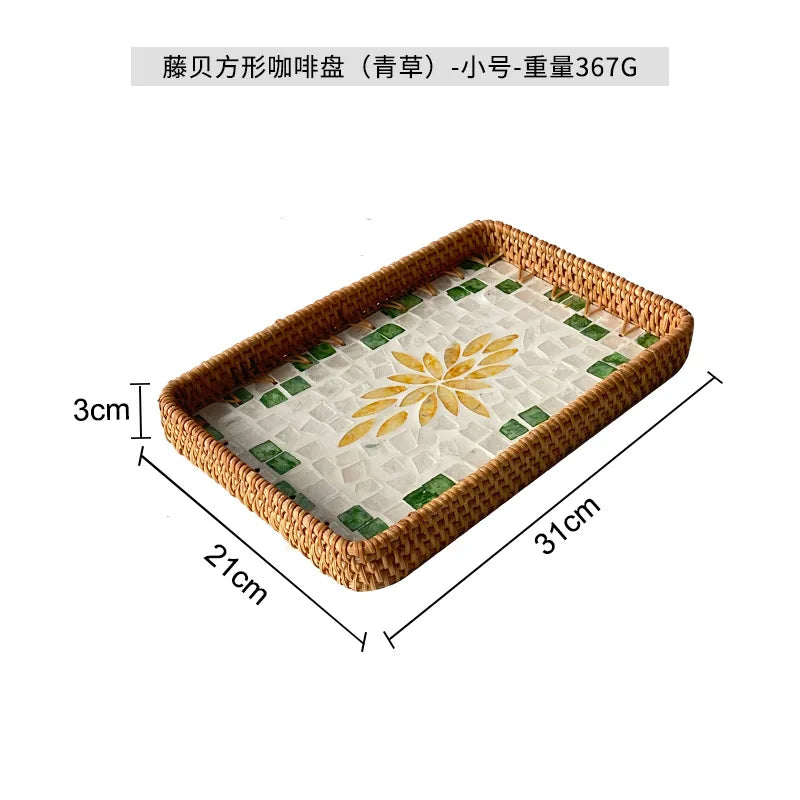 Natural Handwoven Rattan Shell Tray for Home Kitchen Decorative Storage Serving