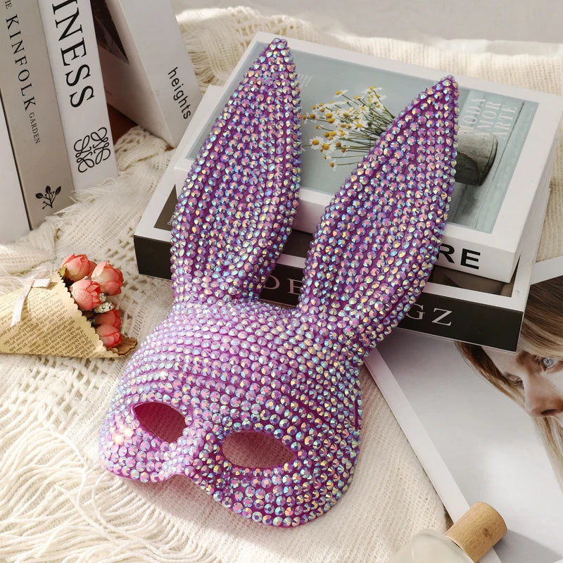 Rabbit Party Masquerade Glitter Mask for Women Theater Performances Full Acrylic Rhinestone Face Mask Costume for Photo Shoots