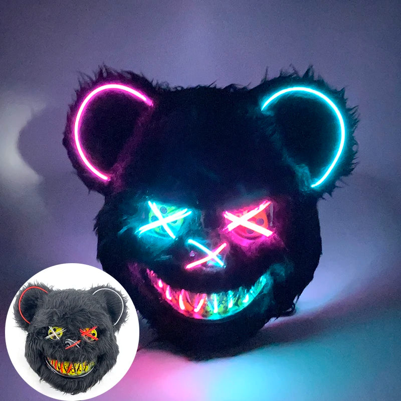Halloween Horror Light Up Mask Glowing Bloody Bear Killer Mask Flashing Neon Scary Bear Mask for Cosplay Mask Purim Props