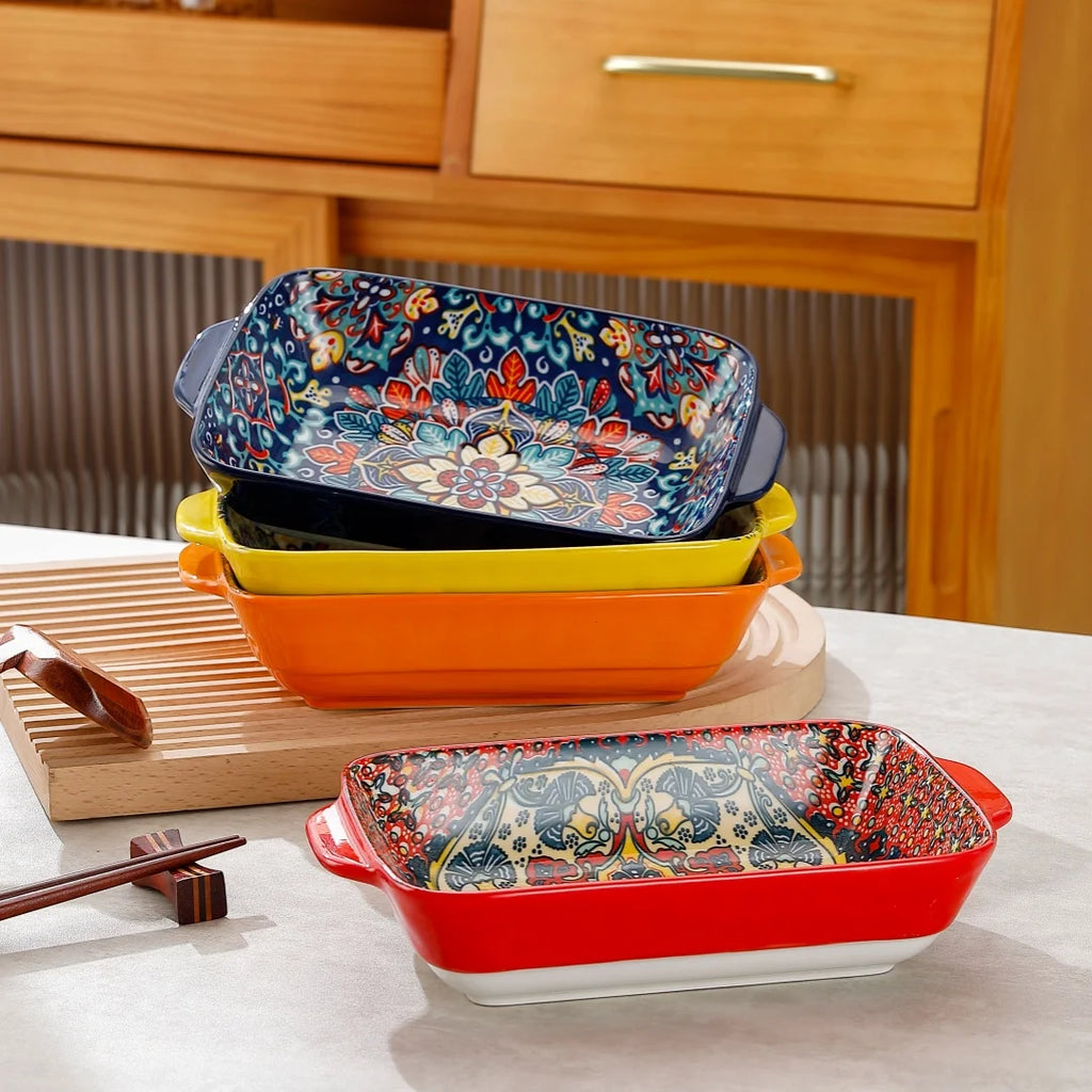 New Bohemian Egg-shaped Ceramic Baking Pan Pasta Plate Fruit Salad Plate Colorful Combination Set 9 inch