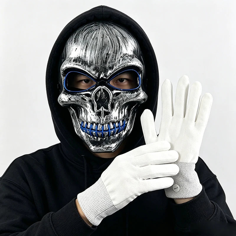 Halloween LED Skull Mask with Light Up Gloves EL Wire Glowing Skeleton Mask Lighted Flashing LED Gloves Set for Cosplay Party