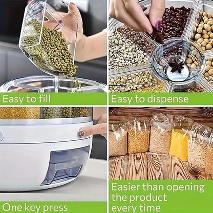 6-Grid Rotating Grain Dispenser – Airtight Food Storage Container for Rice, Cereal & Dry Grains