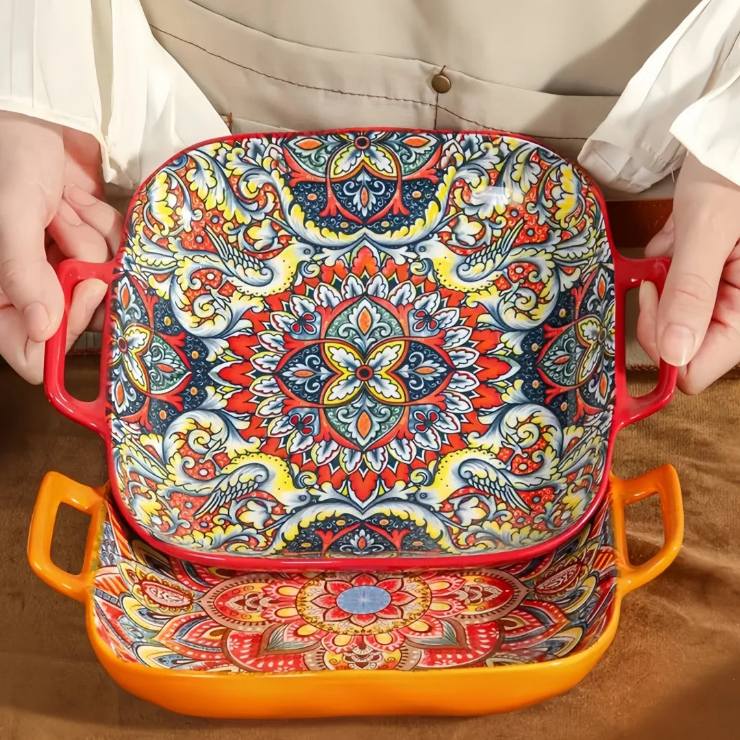 Bohemian Double Ear Square Ceramic Plate Creative Household Dish Plate Net Red Fruit Spaghetti Plate Oven Microwave Oven-9inch