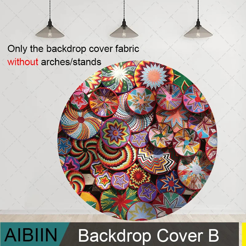 Traditional Ethiopian Basket Pattern Round Backdrop Cover Floral Wedding Birthday Party Decor Portrait Photography Background