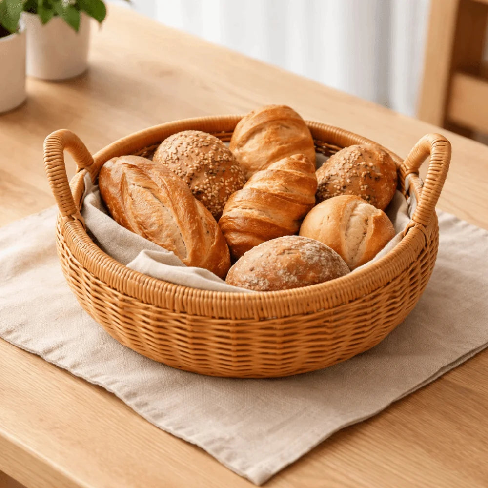 Large Capacity Imitation Rattan Storage Basket Plastic Handmade Round Rattan Storage Tray Decorative with Handle