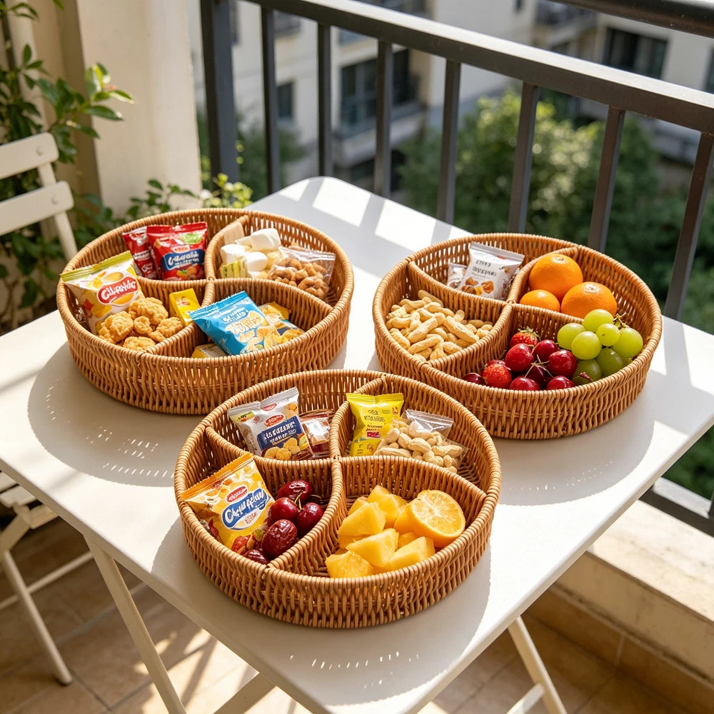 Divided Imitation Rattan Snack Basket Handwoven Serving Tray Boho Rustic Organizer For Home Party Hotel Kitchen Table Decor