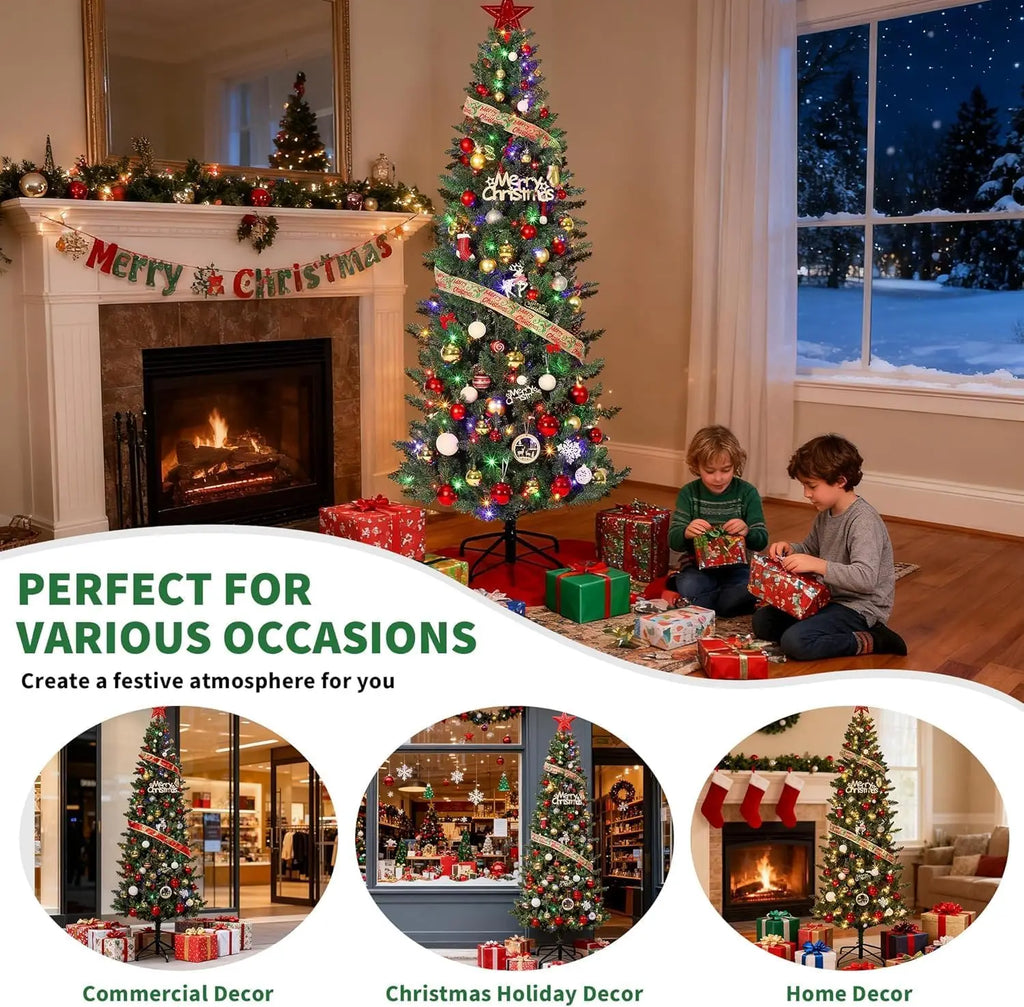 Tacleekii 4.5FT -9 FT Artificial Christmas Tree with Lights 9 Adjustment Modes Prelit Pencil Tree for Home Office Decor Skinny Space-Saving Holiday Xmas Tree with Warm LEDs, Easy Assembly