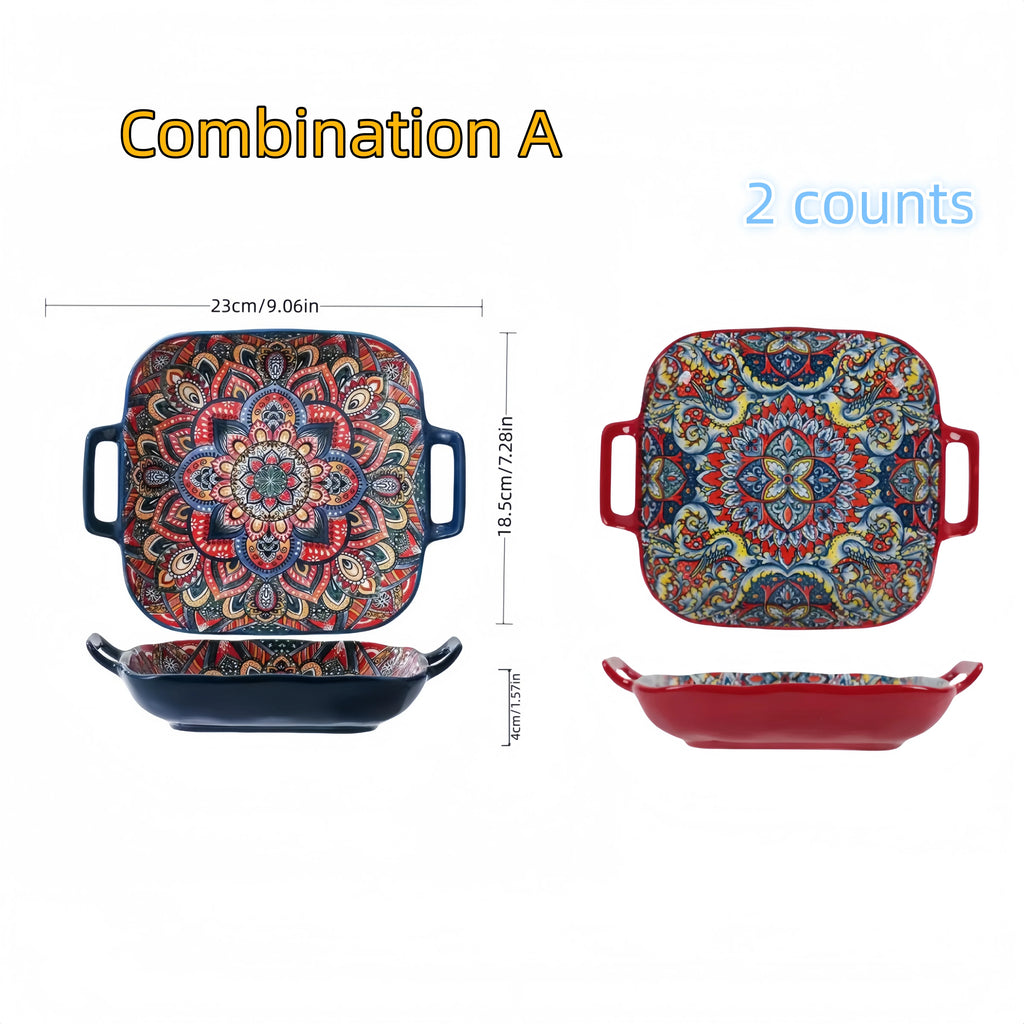 Bohemian Double Ear Square Ceramic Plate Creative Household Dish Plate Net Red Fruit Spaghetti Plate Oven Microwave Oven-9inch