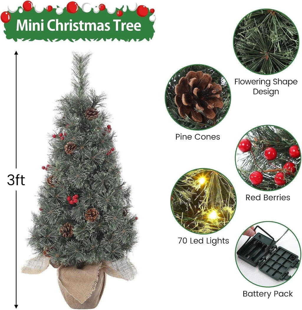 3ft Artificial Christmas Tree Pre Lit with 78 LED Lights Snow Flocked Mini Xmas Tree Tabletop Potted Tree with Burlap Base Red Berries Pine Cones for Home Office Holiday Decor