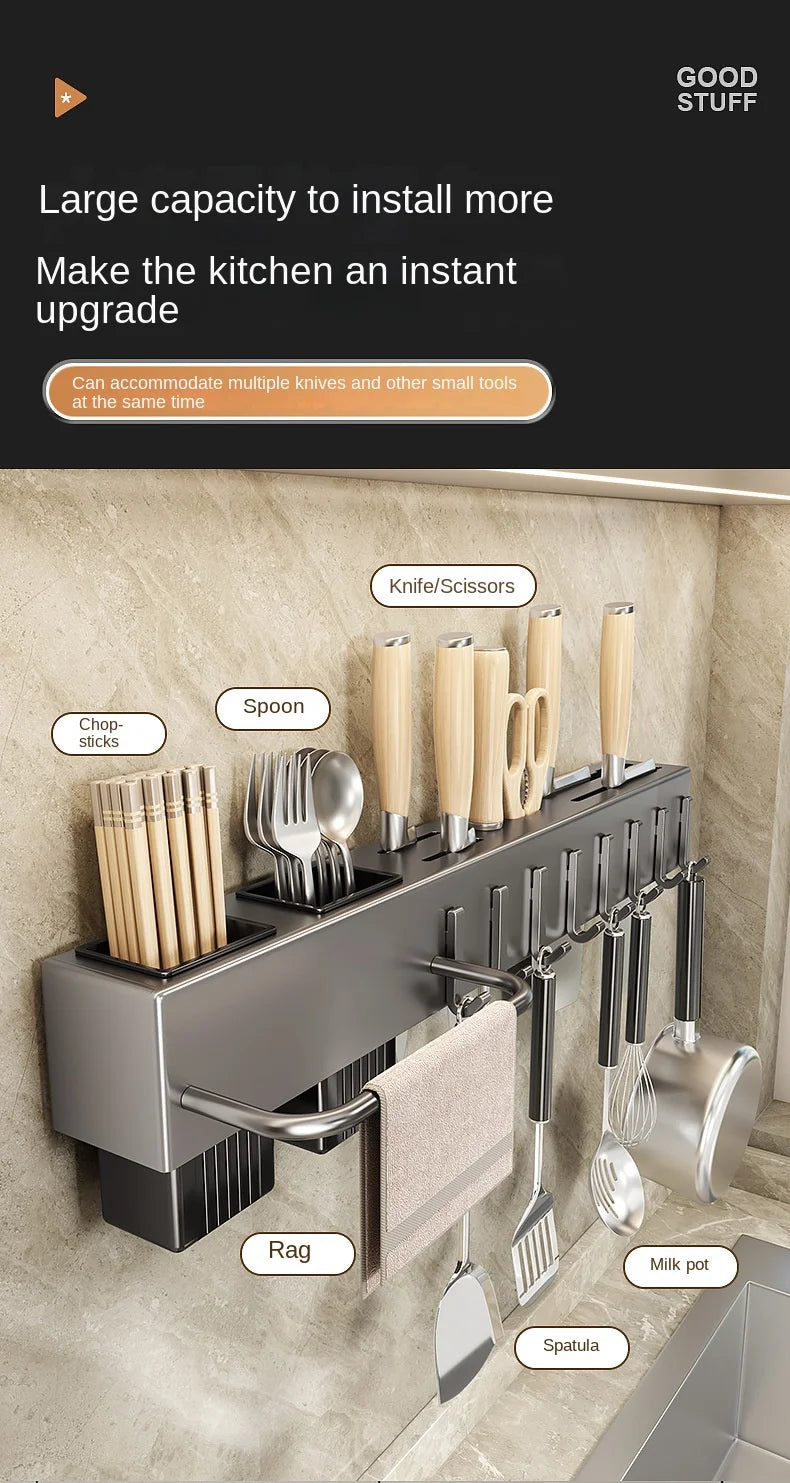 Wall-Mounted Kitchen Storage Rack – Steel Organizer for Knives, Chopsticks & Utensils