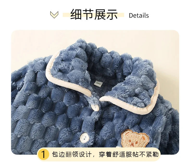 New Kids Boys Girls Autumn Winter Flannel Thicken Pajamas Baby Cartoon Long Sleeve Lapel Tops with Pants Sleeping Clothing Sets