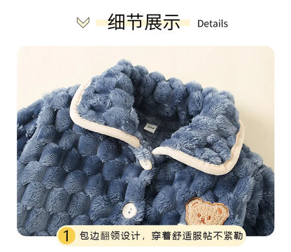 New Kids Boys Girls Autumn Winter Flannel Thicken Pajamas Baby Cartoon Long Sleeve Lapel Tops with Pants Sleeping Clothing Sets
