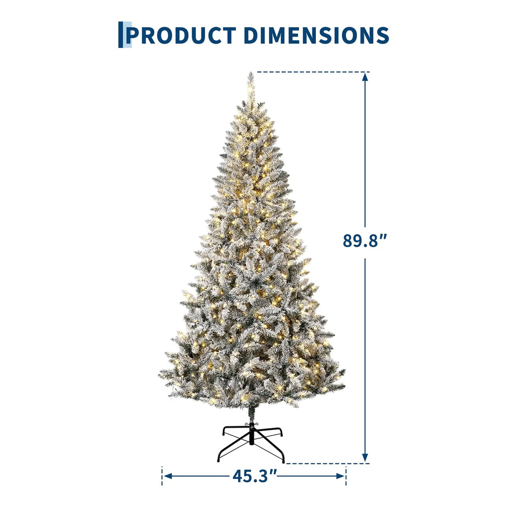 6Ft/7.5Ft Pre-Lit Flocked Christmas Tree, 200/400 Warm White Lights, 508/900 Tips, Snowy Artificial Tree With Metal Stand