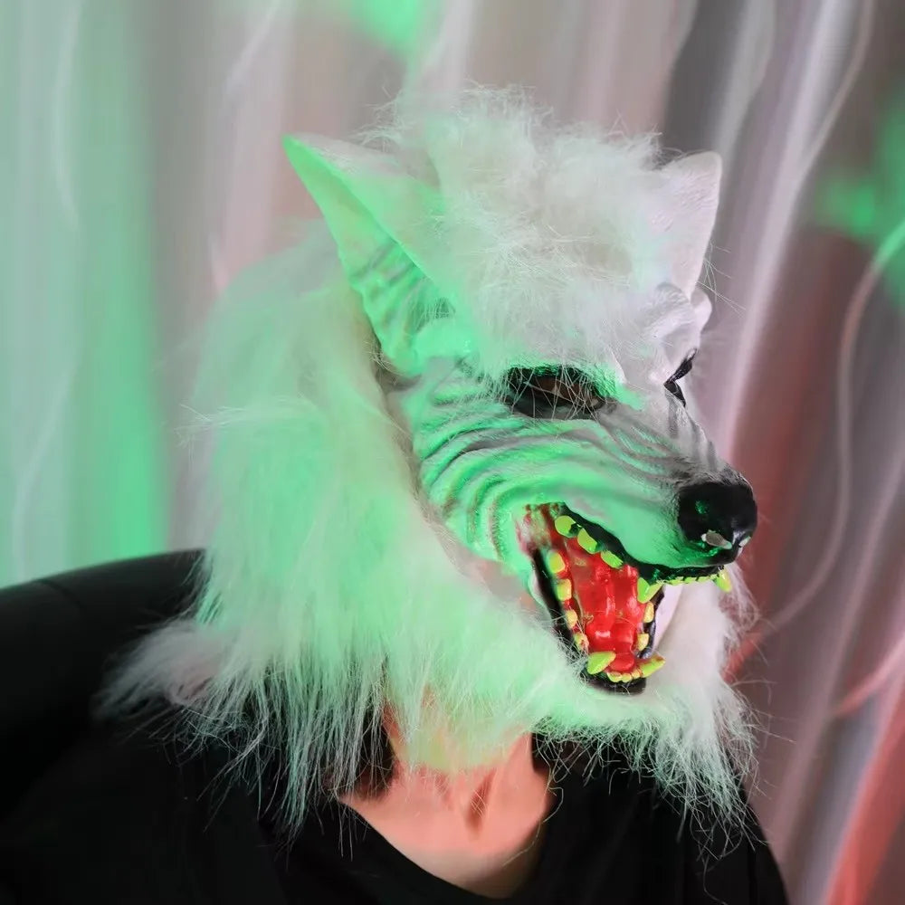 White Wolf PVC Mask with Fluffy Fur Scary Werewolf Head Mask Halloween Cosplay Costume Party Props Horror Animal Mask for Adul