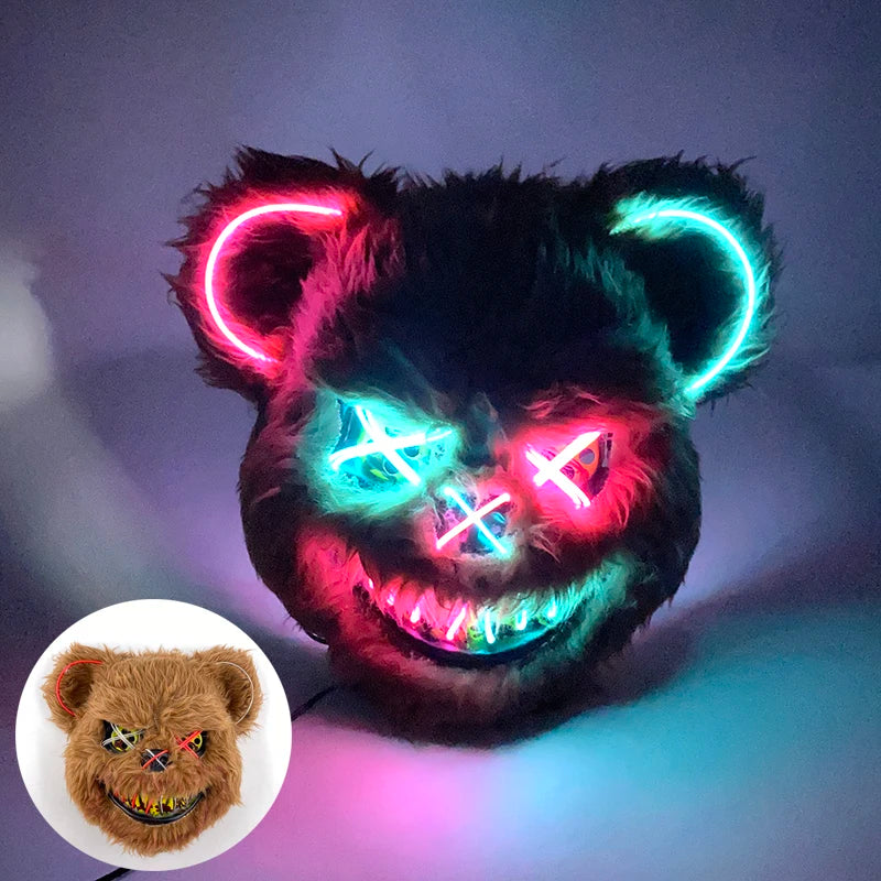 Halloween Horror Light Up Mask Glowing Bloody Bear Killer Mask Flashing Neon Scary Bear Mask for Cosplay Mask Purim Props