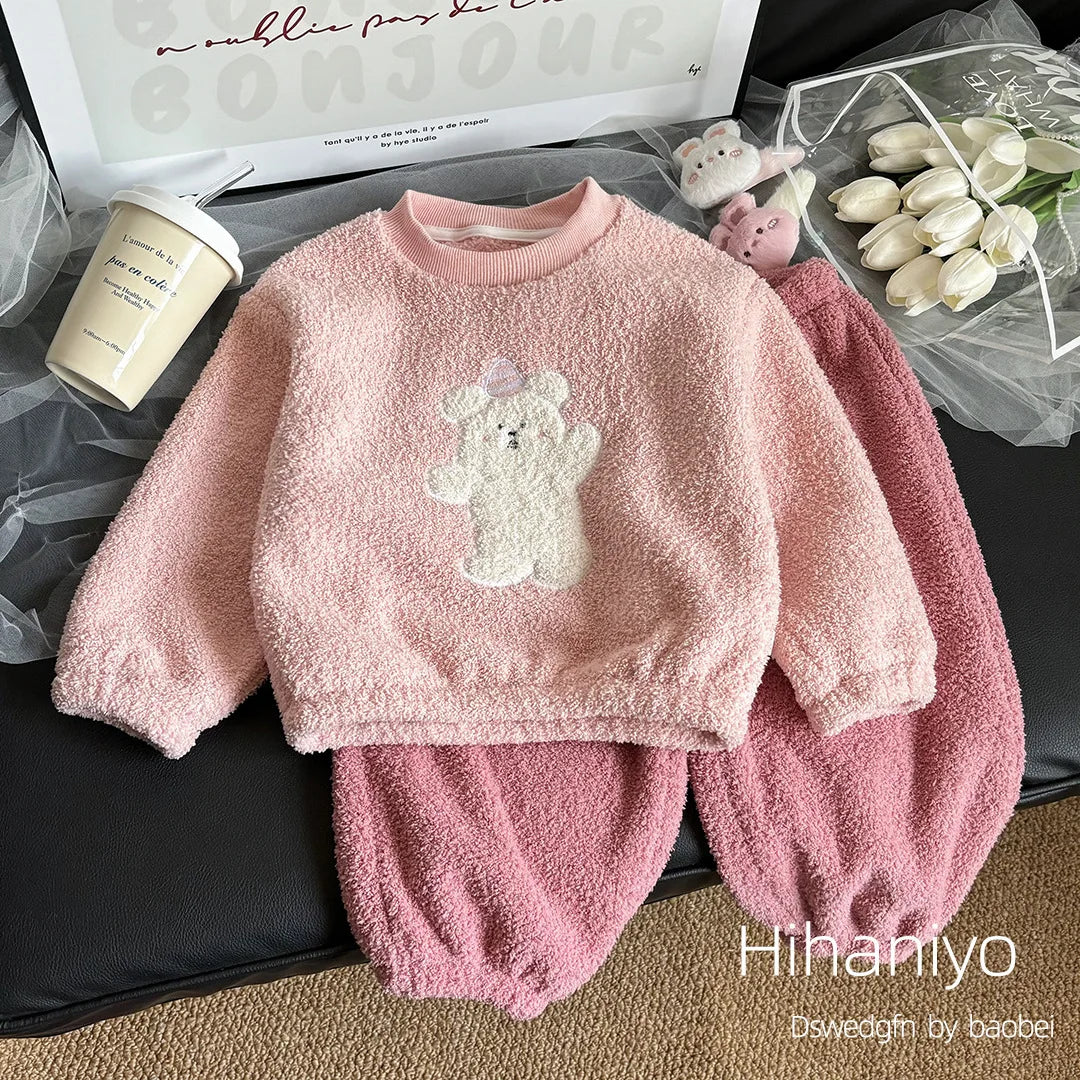 Children's Sets Girls Winter Pajama Set Cute Cartoon Print Thick Warm Toddler Fleece-Lined Sleepwear Kids Home Clothes