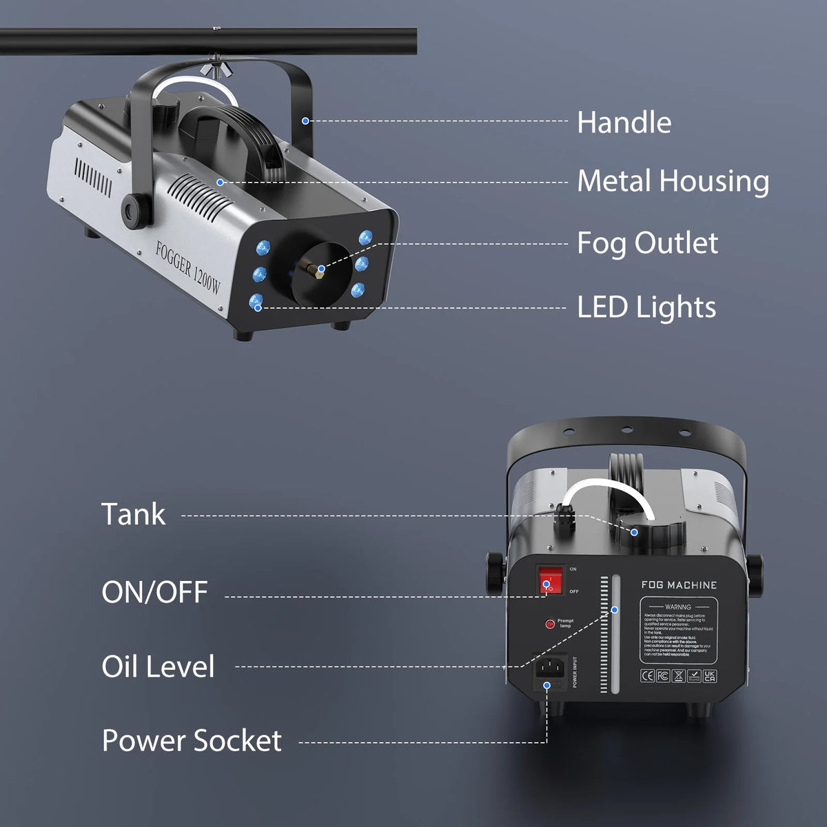 1200W Smoke Machine RGB 6LEDs Lighting Fog Machine Remote Control Stage Smoke Haze Generator for Disco Party Nightclub Wedding