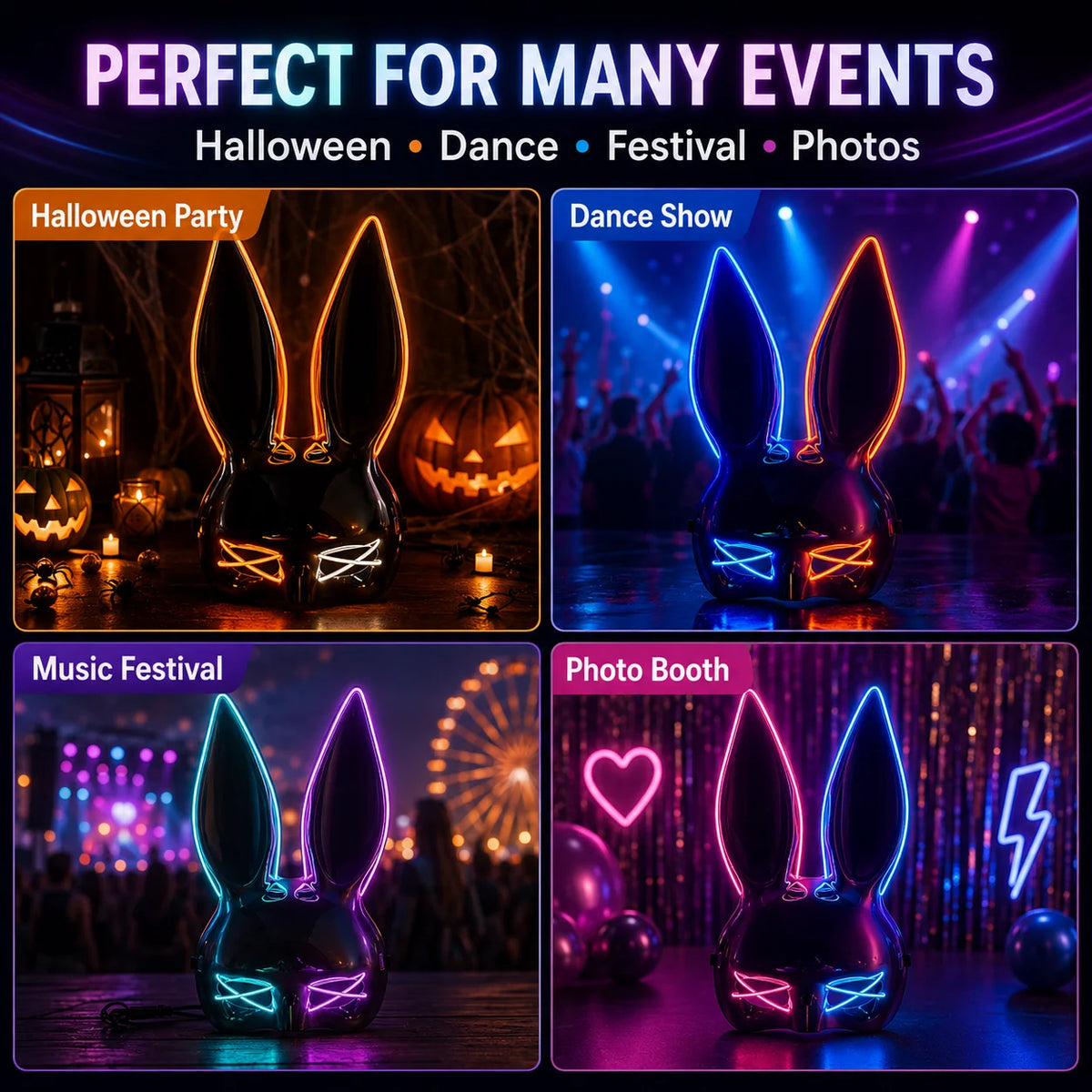 Light Up Rabbit Ear Mask, LED Bunny Mask for Party Dance Festival Halloween Costume Props