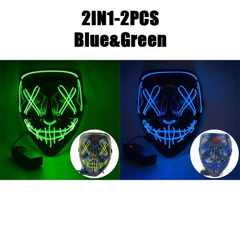 LED Halloween Mask Glow in The Dark Scary Terror Face Cover Bright Scream Light Up Costume for Men Carnival Party