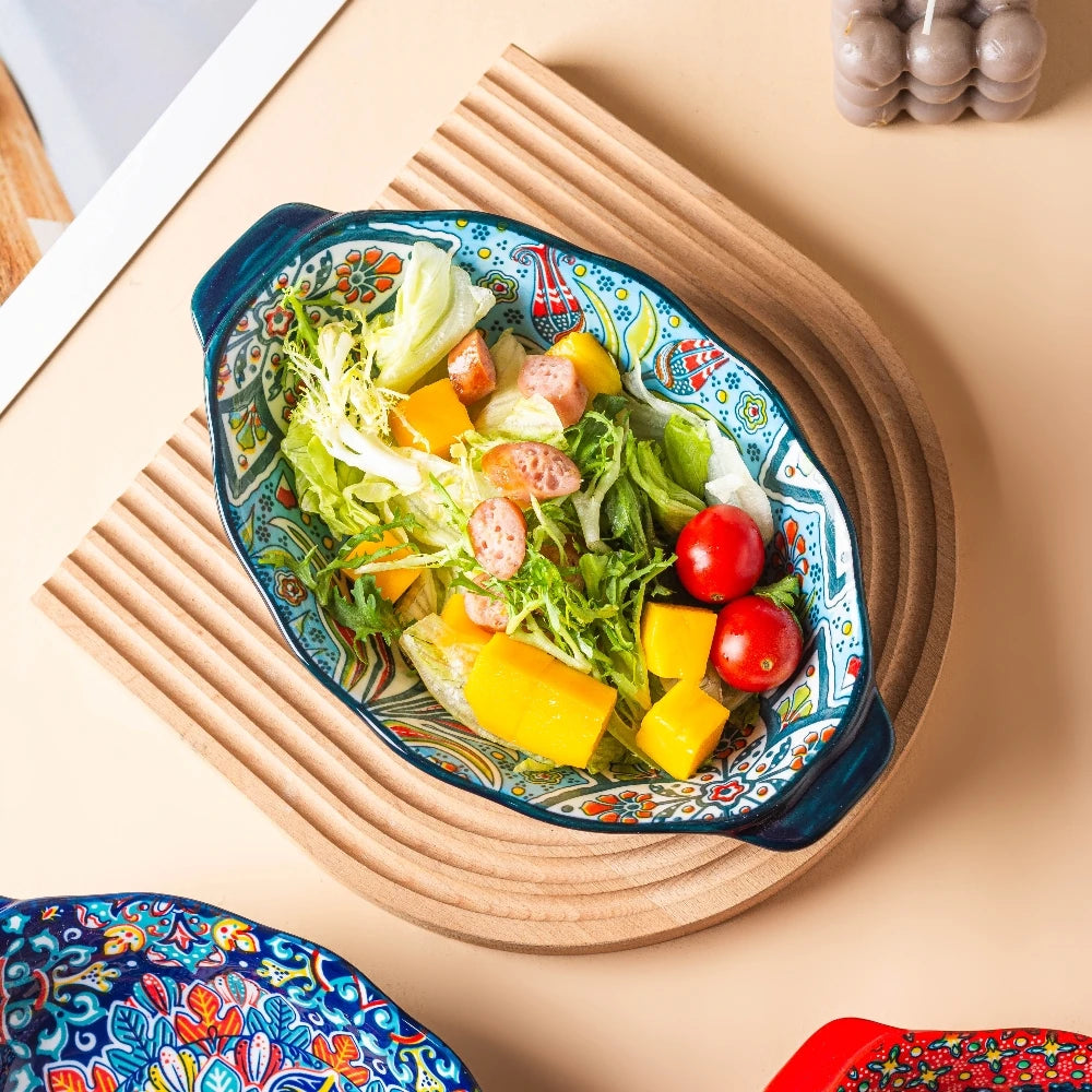 New Bohemian Egg-shaped Ceramic Baking Pan Pasta Plate Fruit Salad Plate Colorful Combination Set 9 inch